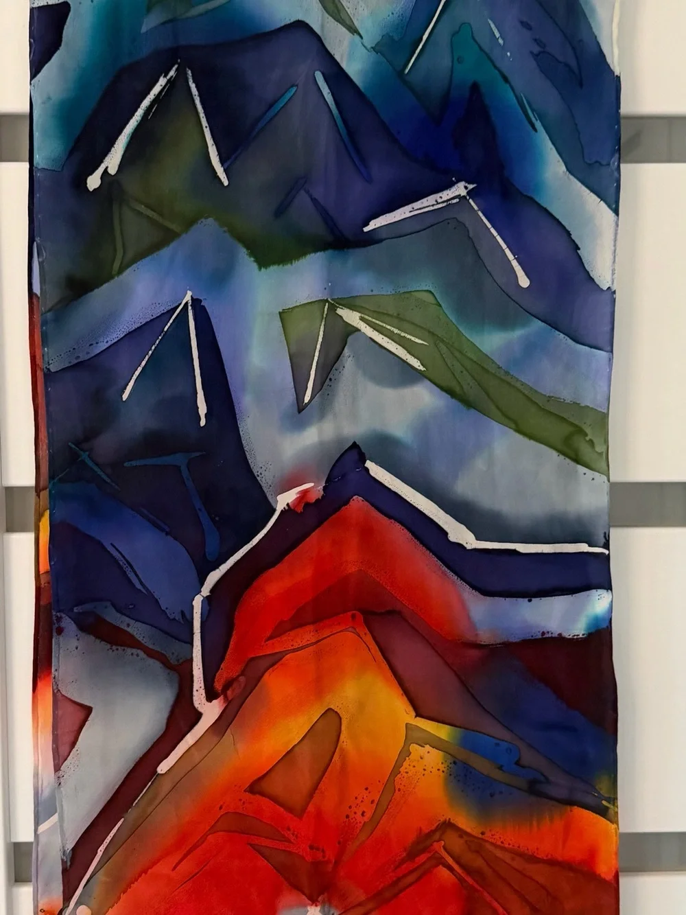 Abstract Mountain Peaks Silk Hand Painted Scarf, Blue, Red, Orange